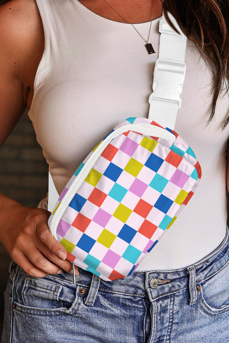 White & Multicolored Checker Print Crossbody Bag