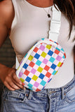 White & Multicolored Checker Print Crossbody Bag