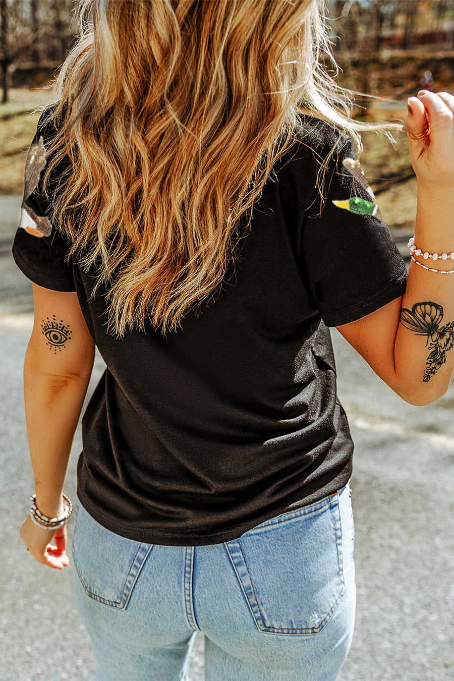 Black Sequin Mallard Duck Graphic T-Shirt