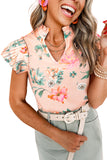 Apricot Floral Frill V-Neck Pleated Short Sleeve Blouse