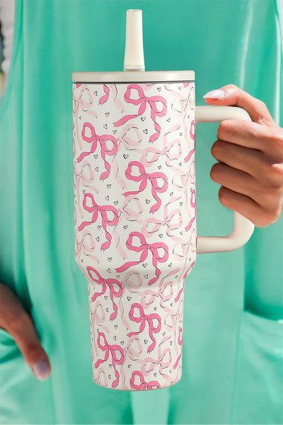 Pink & White Sparkly Bows & Hearts Print Tumbler Cup