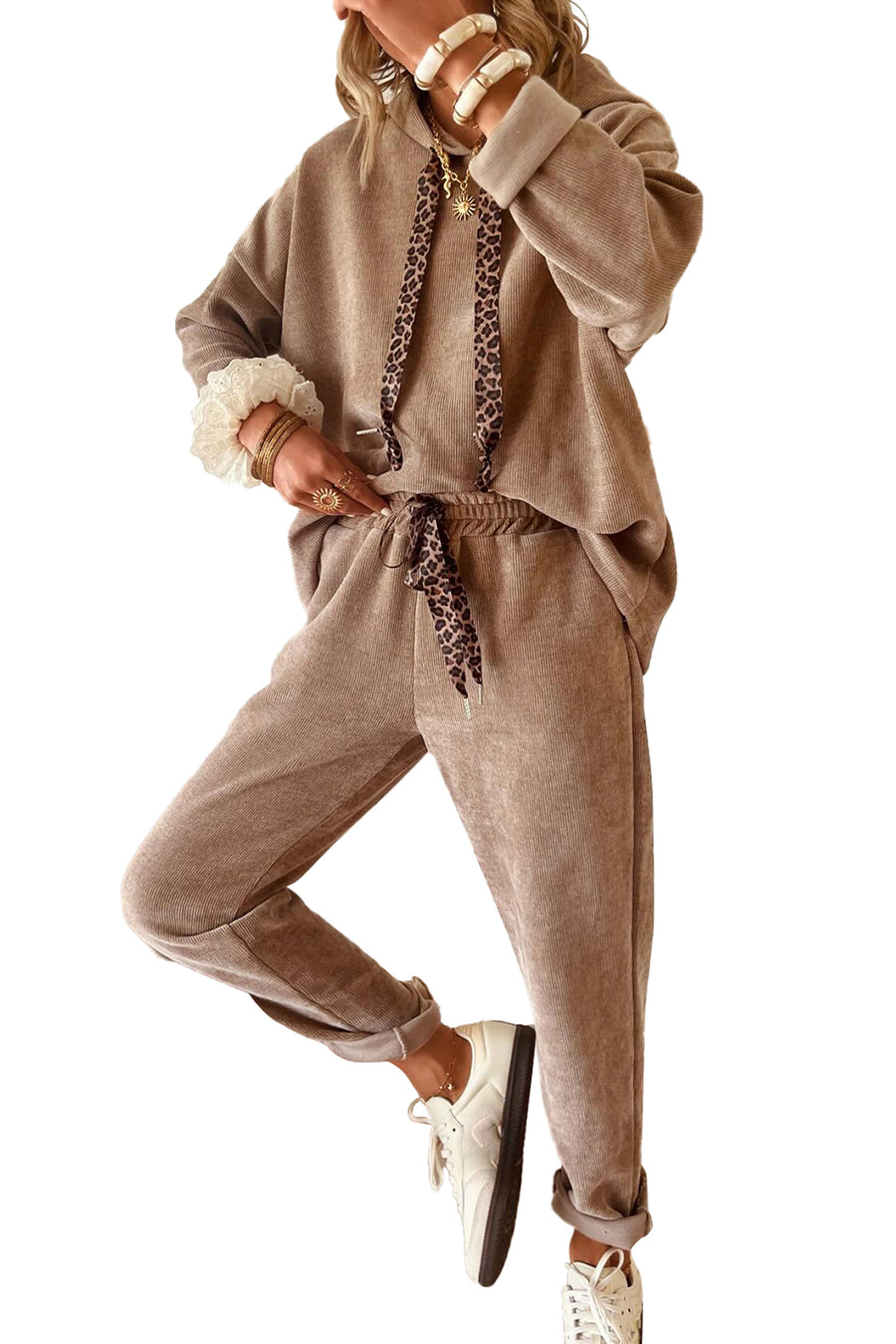Contrast Drawstring Hoodie and High Waist Pants Corduroy Set- 5 Colors