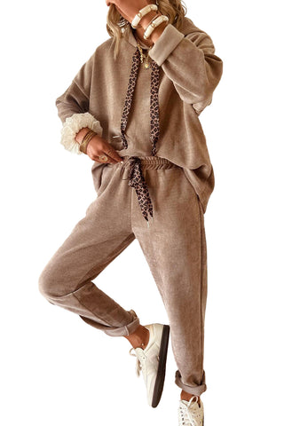 Dark Khaki Drawstring Pullover Hoodie and High Waist Pants Corduroy Suit