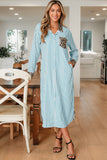 Striped Contrast Trim Leopard Patchwork Long Sleeve Midi Shirt Dress- 2 Colors