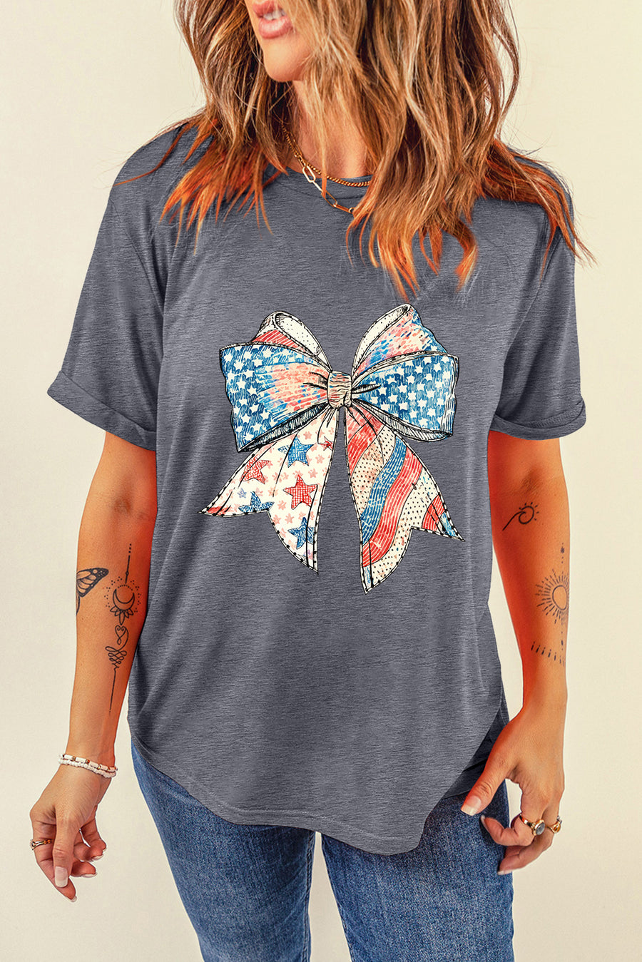 Gray American Flag Bow Patchwork Print Crew Neck Graphic T-Shirt