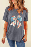 Gray American Flag Bow Patchwork Print Crew Neck Graphic T-Shirt