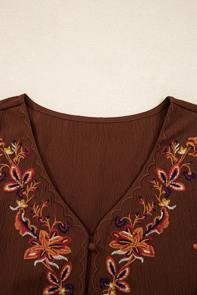 Burgundy Floral Embroidered Tassel Tie Waist Long Sleeve Mini Dress