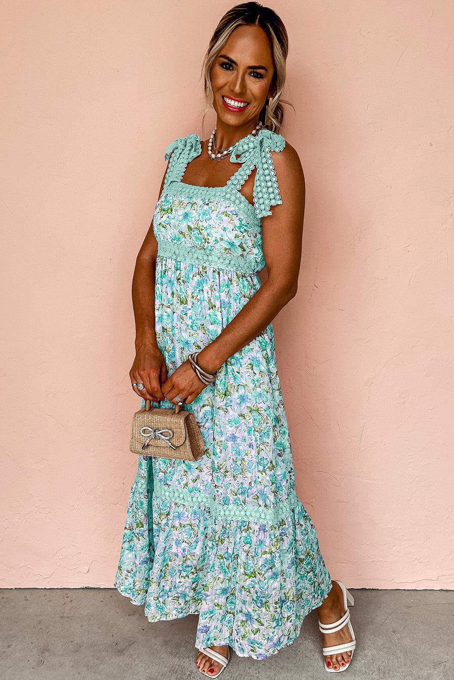 Floral Lace Tied Strap Empire Waist Maxi Dress- 2 Colors