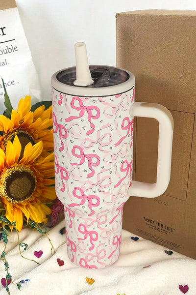 Pink & White Sparkly Bows & Hearts Print Tumbler Cup