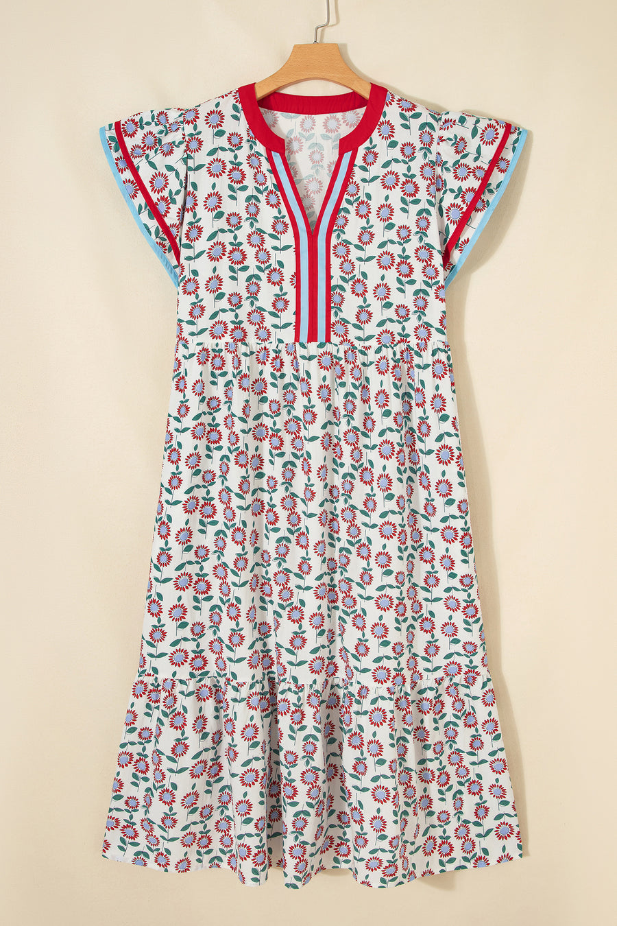 Red Cute Sunflower Printed Striped Patchwork Trim Flutter Sleeve Long Dress