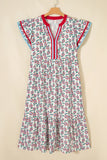 Red Cute Sunflower Printed Striped Patchwork Trim Flutter Sleeve Long Dress