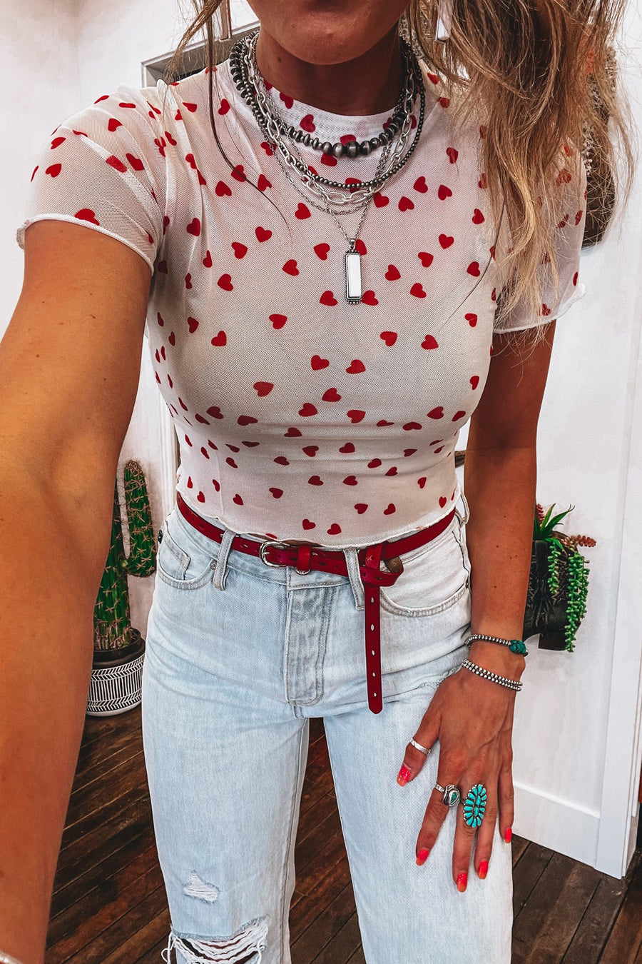 All Over Heart Print Mesh Short Sleeve Top- 2 Colors
