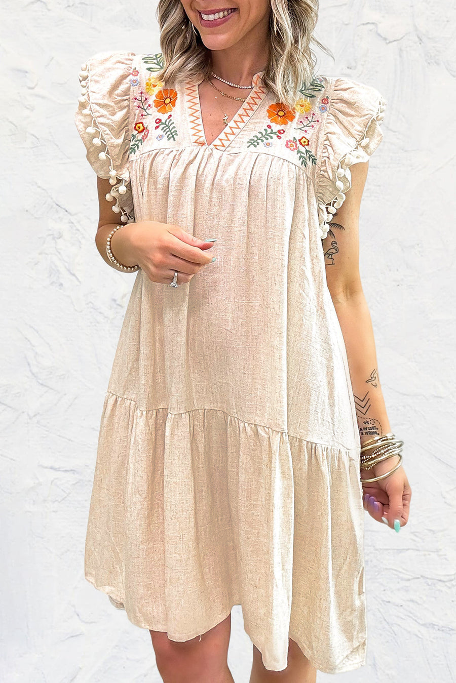 Jet Stream Linen Embroidered Notch Neck Pom Pom Ruffle Sleeve Mini Dress
