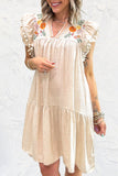 Jet Stream Linen Embroidered Notch Neck Pom Pom Ruffle Sleeve Mini Dress