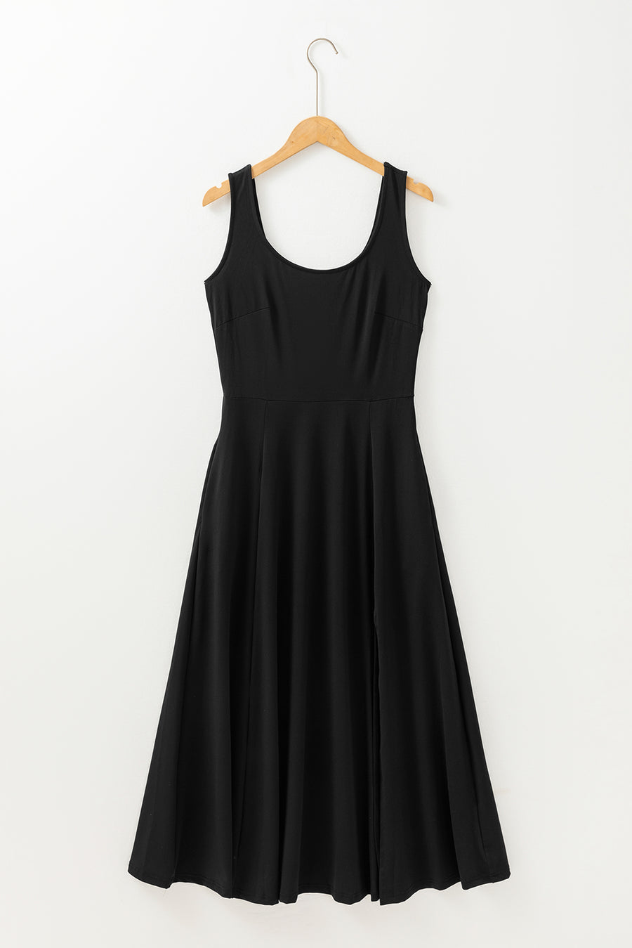 Black Sleeveless Scoop Neck Flared Front Slit Midi Dress