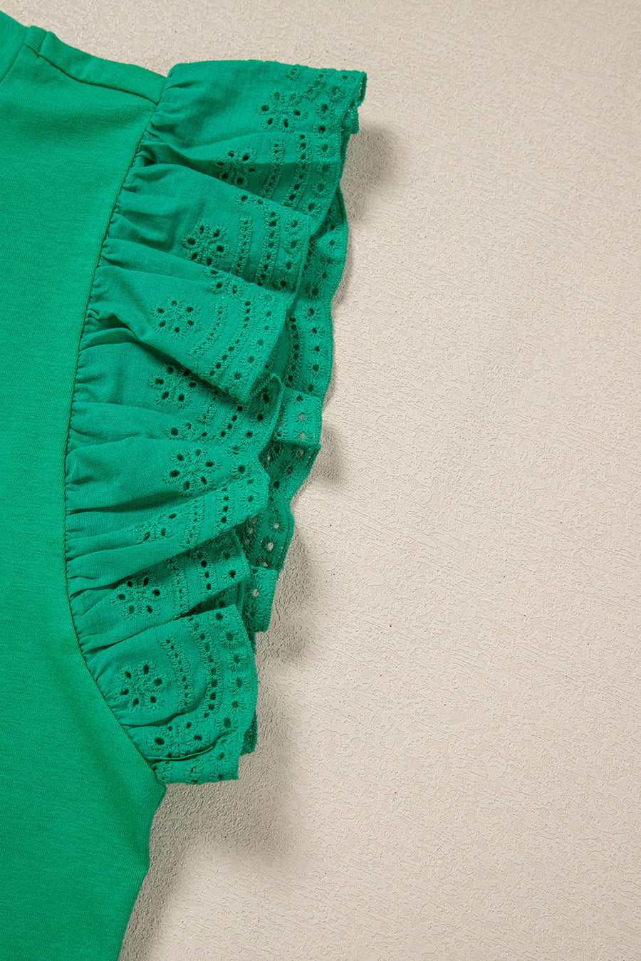 Green Ruffled Eyelet Sleeve Crew Neck Blouse