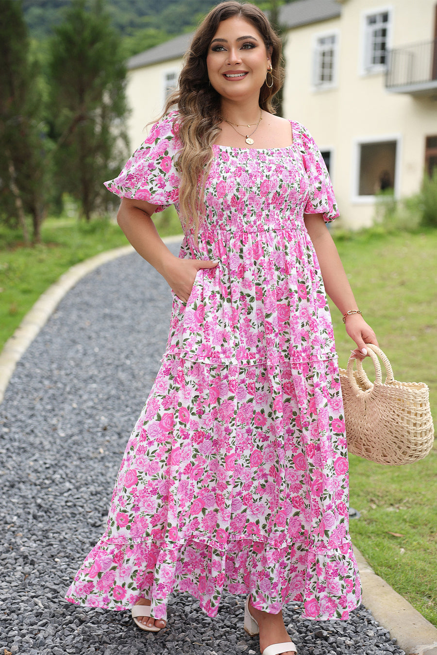 Plus Size Pink Floral Smocked Puff Sleeve Maxi Dress