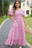 Plus Size Pink Floral Smocked Puff Sleeve Maxi Dress