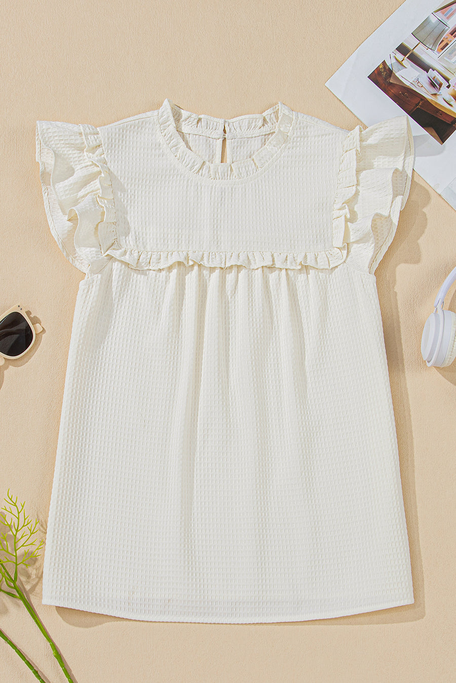 White Ruffle Trim Waffle Textured Short Sleeve Blouse
