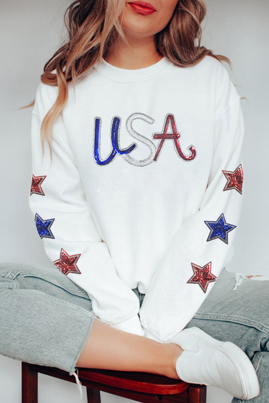 White Sequin USA Star Patch Sleeves Relaxed Fit Sweatshirt