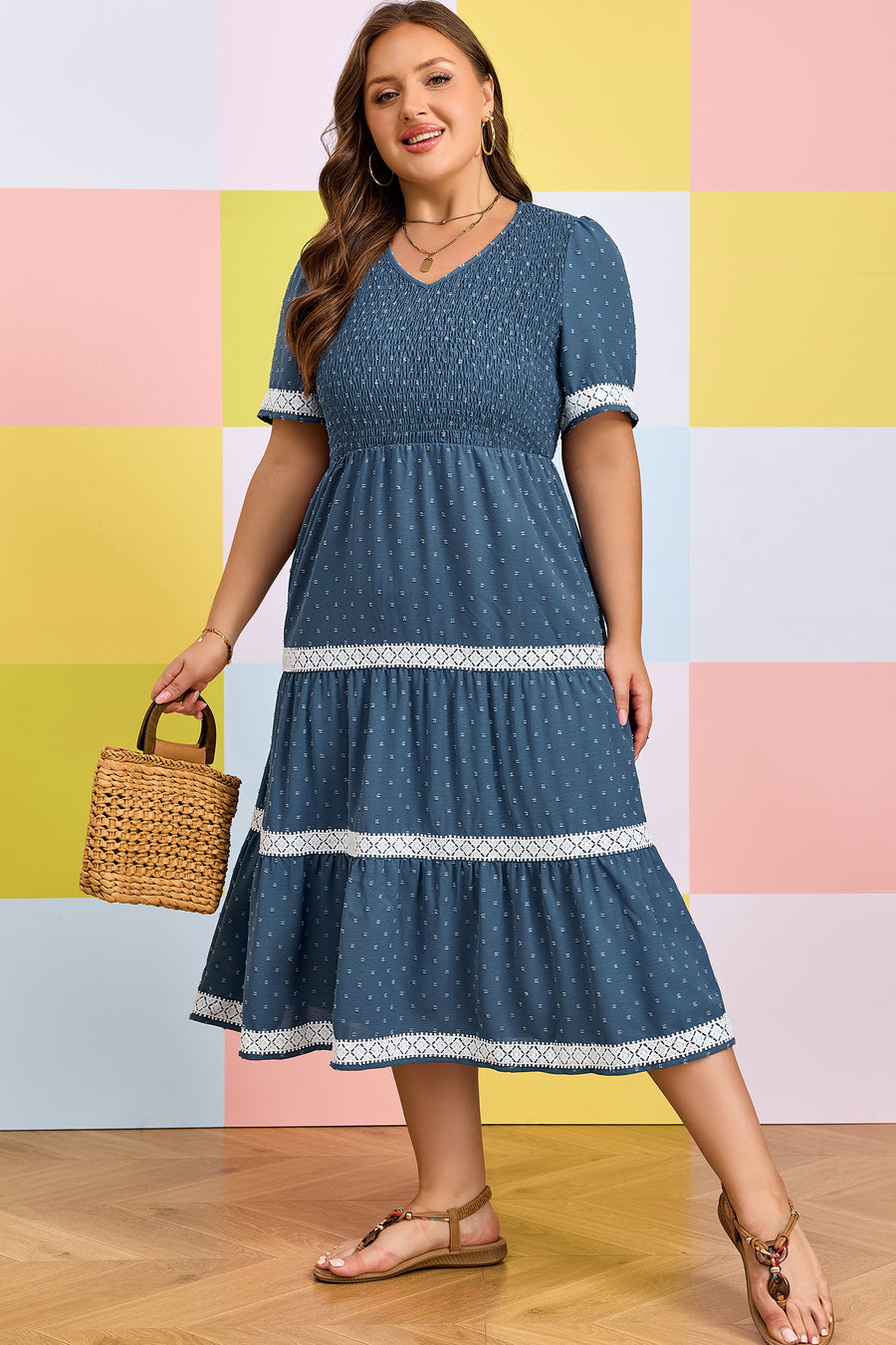 Plus Size Slate Blue V-Neck Swiss Dot Lace Detail Flared Midi Dress with Pockets