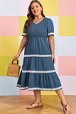 Plus Size Slate Blue V-Neck Swiss Dot Lace Detail Flared Midi Dress with Pockets