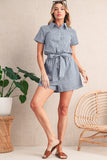 Railroad Striped Chest Pockets Button-Up Belted High-Waist Romper