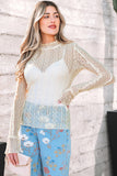Light Pink Flounced Long Sleeve Mock Neck Sheer Lace Top