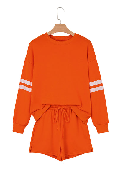 Varsity Striped Sleeve Drop Shoulder Sweatshirt and Shorts Set- 5 Colors