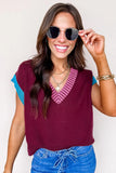 Burgundy Contrast Trim V-Neck Short Sleeve Loose Sweater