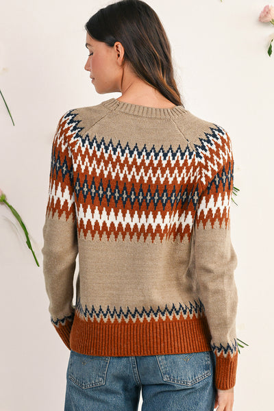 Khaki Geometric Print Colorblock Crew Neck Sweater