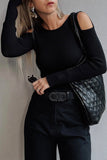Black Ribbed Knit Cold Shoulder Plain Sweater