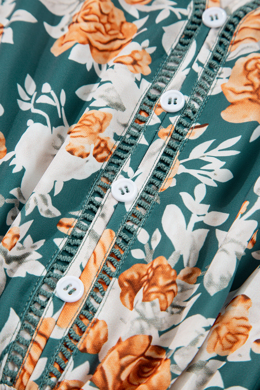Green and Orange Floral Print V-Neck Sleeveless Midi Dress