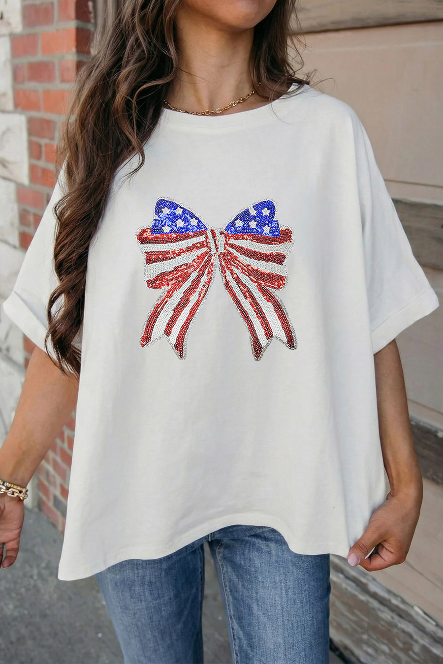 White American Sequin Bow Oversized Graphic T-Shirt