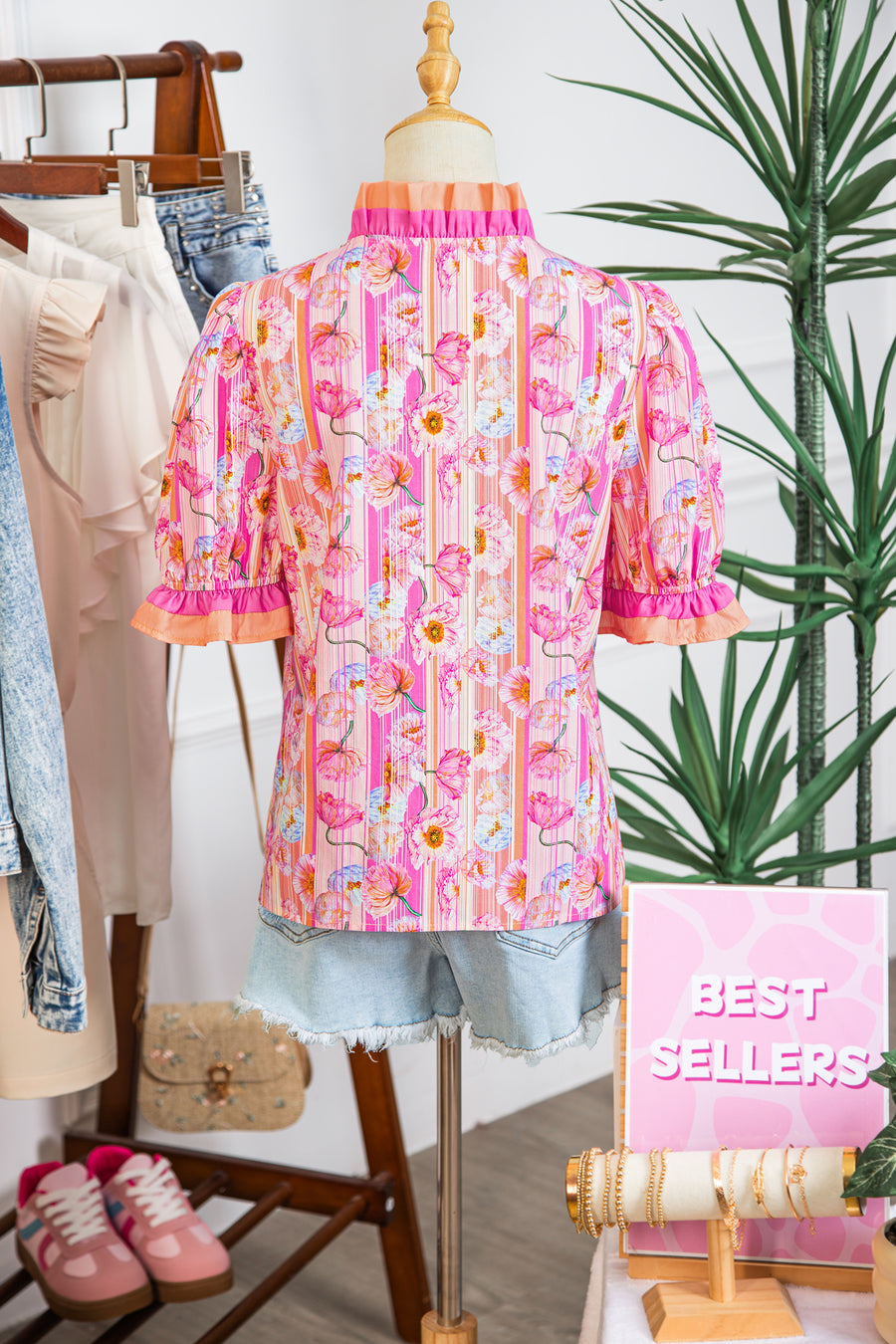 Pink Poppy Floral Striped Color Block Trim V-Neck Ruffled Short Sleeve Blouse