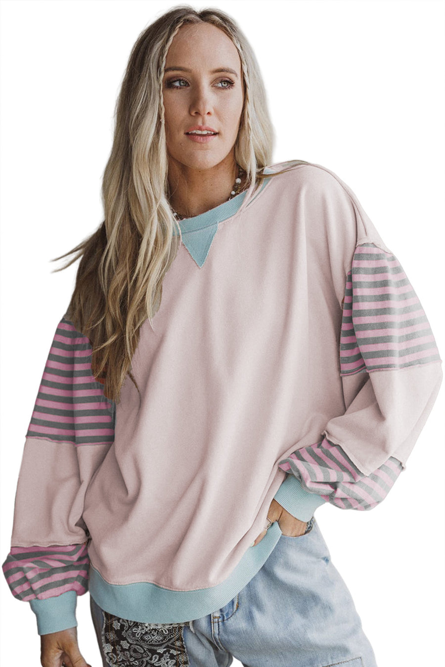 Color Block Patchwork Striped Sleeve Sweatshirt- 3 Colors