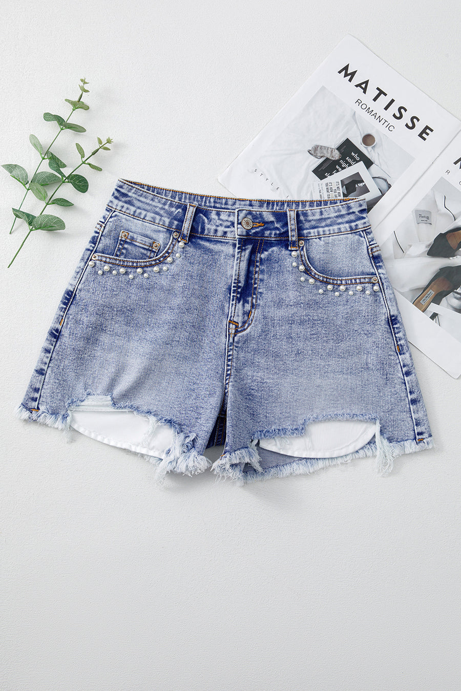 Acid Washed Pearl Studded Pocket Raw Hem Denim Shorts