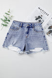 Acid Washed Pearl Studded Pocket Raw Hem Denim Shorts