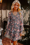 Brown Frilly Smocked Bodice Floral Mesh Long Sleeve Mini Dress