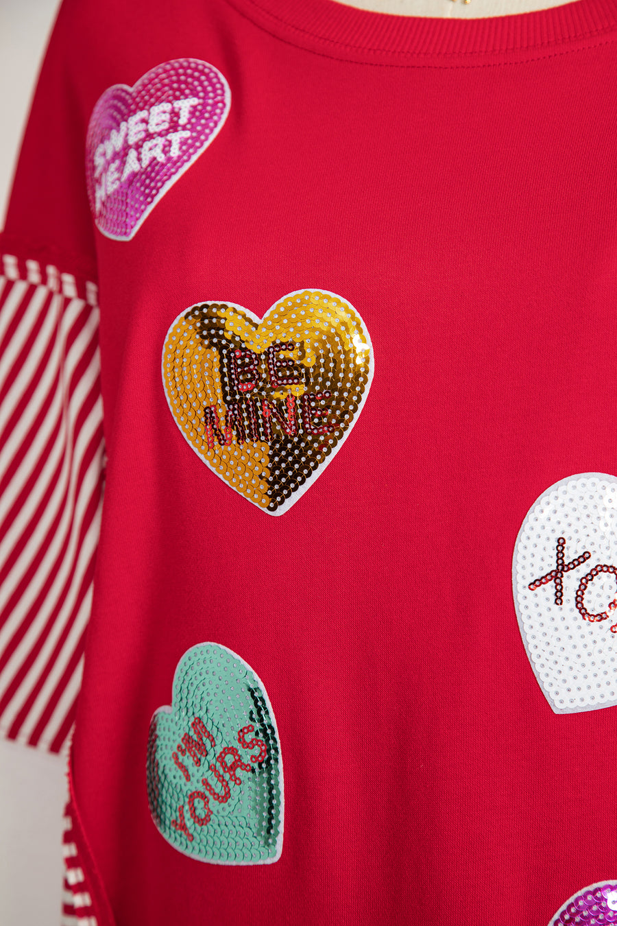 Red Sequin Hearts Striped Color Block Patchwork Drop Shoulder Crew Neck Sweatshirt 2