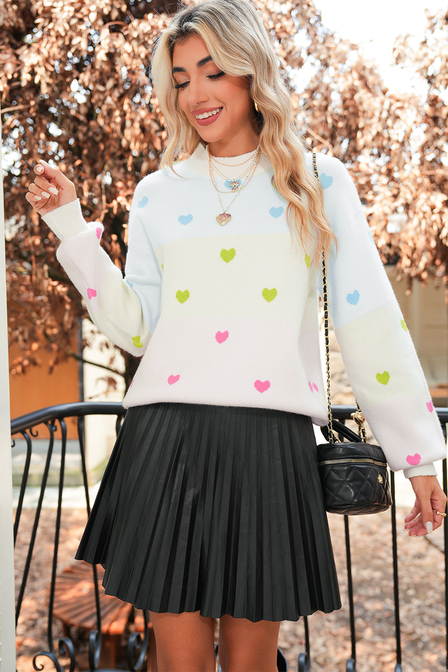 Multicolored Hearts Color Block High Neck Sweater