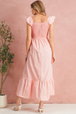 V-Neck Flutter Sleeve Smocked Bodice High Waist Ruffle Maxi Dress with Pockets- 2 Colors