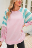 Light Pink Striped Color Block Patchwork Raglan Sleeve Top