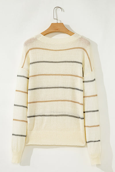 Brown Striped Ribbed Edge Drop Shoulder Sweater