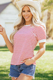 Red Striped Contrast Trim Crew Neck Short Puff Sleeve T-Shirt