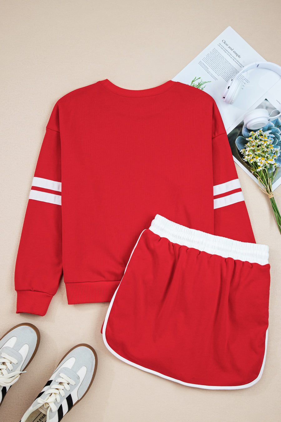 Varsity Striped Drop Shoulder Pullover Sweatshirt & Mini Skort Set- 6 Colors
