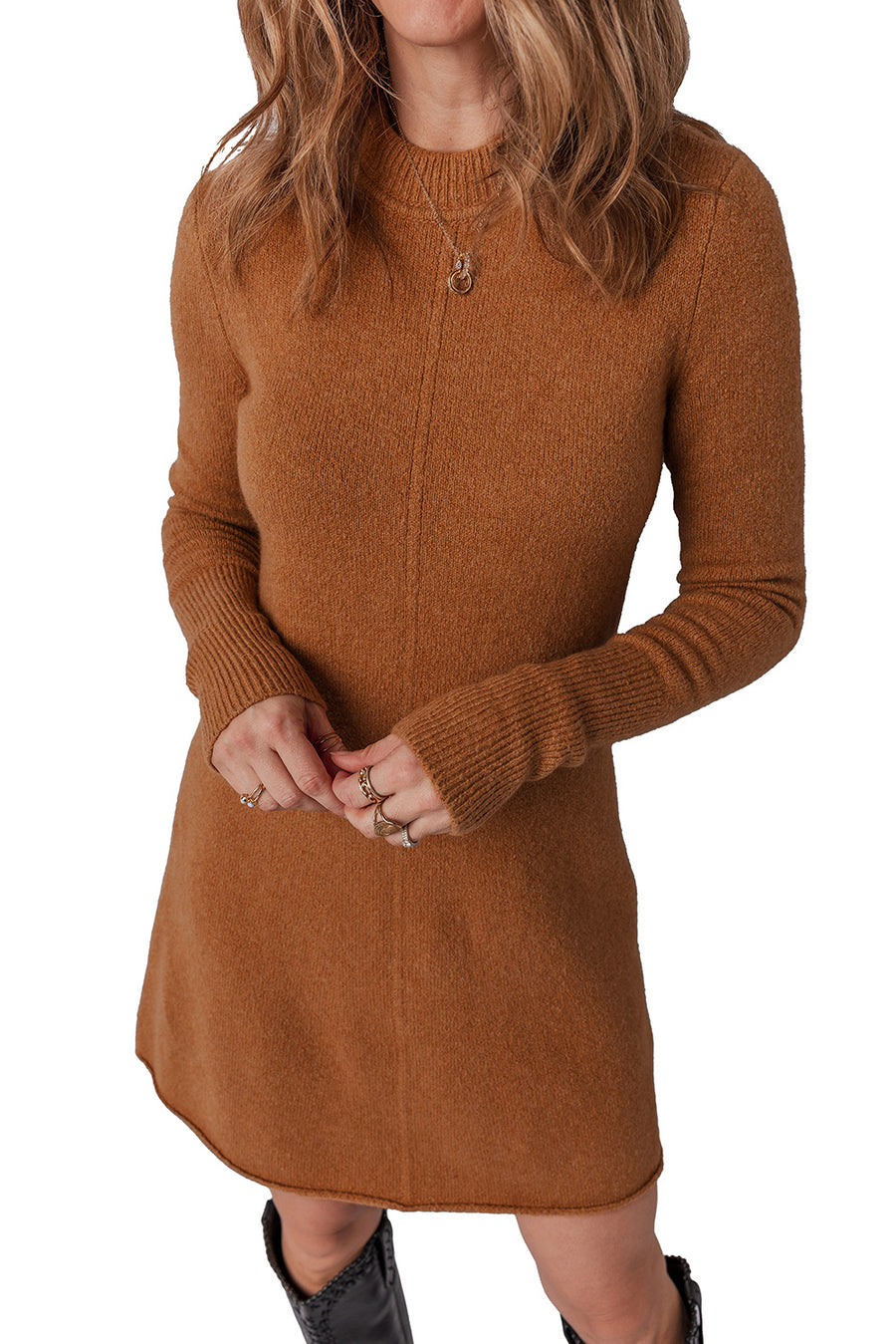 Rust Ribbed Detail Mini Sweater Dress
