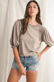 Mocha Bishop Sleeve Contrast Trim Crew Neck Blouse