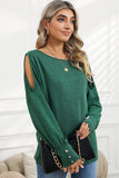 Green Boat Neck Cutout Long Sleeve Blouse with Button Detail Cuffs