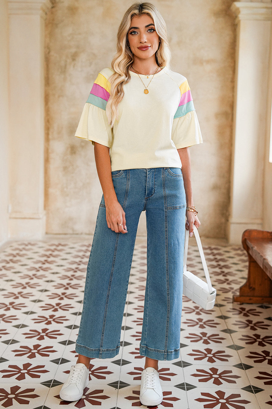 White Color Block Short Sleeve Crew Neck T-Shirt